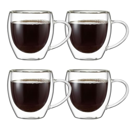 ERBO Set di 4 tazze da espresso da 80 ml, tazze da caffè espresso a doppia parete, con manico, in vetro, per cappuccino, latte macchiato, tè
