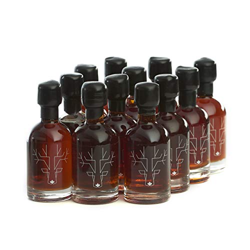 Award Winning Escuminac Unblended Maple Syrup 12 x 50ml mini glass bottles - Canadian Grade A - Dark Robust - Pure Organic Single Forest - Late Harvest 1.7 fl oz Size - Weddings Favors - Holidays