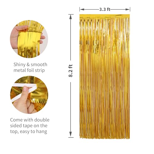 Image of 2 Pack Gold Foil Fringe Curtains Streamers Party Decorations 3.3 x 8.2 ft, Gold Tinsel Curtain Fringe Backdrop for Parties, Door Fringe Birthday Streamers, Photo Booth Backdrops, Party Decor