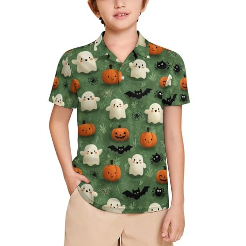 Boys' Classic Polo Shirts Short Sleeve Moisture-Wicking Golf & Tennis Shirts for Youth Teens Halloween Pumpkin