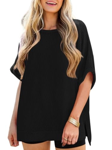 Batwing Tops for Women Half Sleeve Loose Fit Tunic Tops Ribbed Knit Oversized Dolman Sleeve T Shirts2