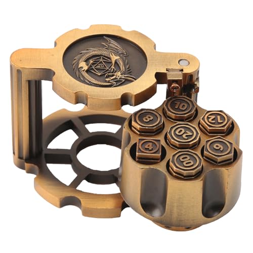 Yuehuam Polyhedral Bullet Dice Set 8 Metal Bullet Dice Revolver Cylinder Dice Holder with Spinning Revolver Cylinder Case, Dice Set for D&D Theme Tabletop Games