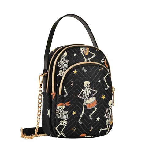 One Shoulder Handbags Cute Skeletons Musical Black Quilted Phone Handbag Small Chain Purse Cute Zipper Lady Crossbody Bag, 5.9" × 8.3" × 3.1"2