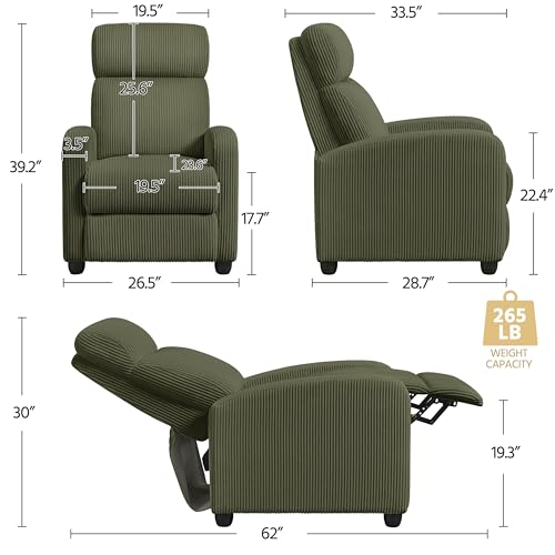 Yaheetech Corduroy Recliner Chair Single Sofa Home Theater Seating Adjustable Modern Reclining Chair for Living Room Bedroom Home Theater Dark Green