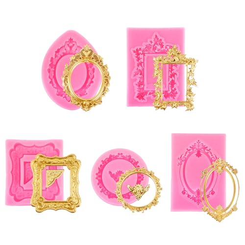 5uds Moldes Silicona para Marcos de Fotos, Moldes Mini Marcos Vintage Estilo Barroco Accesorios Decoración Tartas para Hornear Chocolate Caramelos Postres Arcilla Polimérica (5 Formas)
