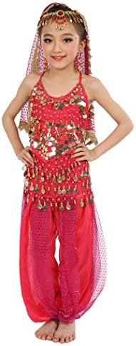 TIWCON Girls Halloween Costume, Halter Top, Chiffon, Kids Belly Dancer Outfit, Egyptian Arabian Princess Costume for Girls (hot pink, 3T/4T/4)