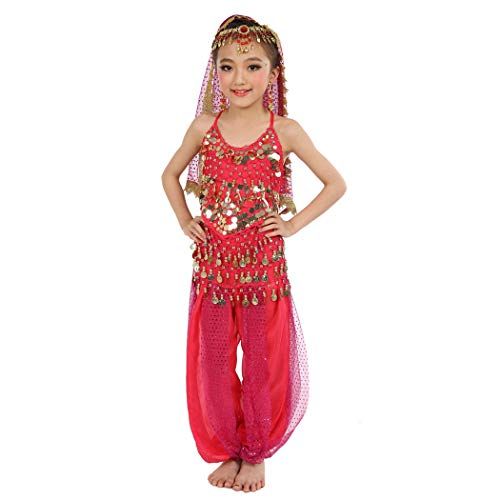 Tiwcon Girls Halloween Costume, Halter Top, Chiffon, Kids Belly Dancer Outfit, Egyptian Arabian Princess Costume For Girls (Hot Pink, 3T/4T/4) #TOP1