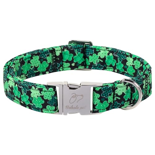 Babole Pet St. Patricks Day Dog Collar Lucky Clover Dog Collars Adjustable Heavy Duty Irish Festive Pet Collar for Small Medium Large Dogs with Metal Buckle L