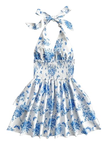 SOLY HUX Women's Sundresses Boho Halter V Neck Backless Ruffle Flowy Summer Beach Mini Dress