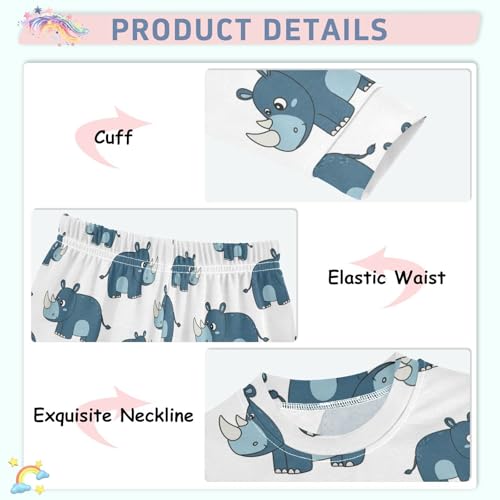 Pajama Sets Long Sleeve Blue Rhino Pattern Print Soft Comfy Sleepwear 2 Piece PJS 3-8T4