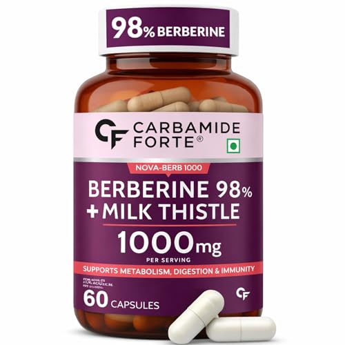 Image of Carbamide Forte 98% Berberine supplements with Milk Thistle | 1000mg Berberine HCl per Serving for Metabolism, Digestion, Liver Detox & Immunity Support | High Potency Berberine HCl - 60 Veg Capsules