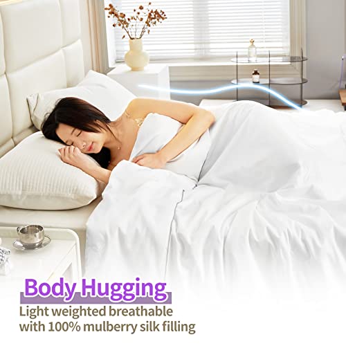 Your Moon Luxurious Summer/Spring Lightweight Mulberry Silk Comforter King Size,100% Natural Long Strand Silk Fill Duvet Blankets, Luxury Silk Bedding Summer, Noiseless Cotton Shell (White) #TOP3