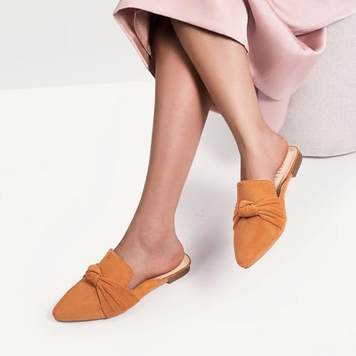Image of MUSSHOE Mules for Women with Bow Knot: Pointed Toe Flats - Cloud-Cushion Suede Backless Loafers for Office & Casual Wear - Wide-Fit Friendly Slip On Slides with Memory Foam