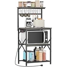 Furologee Kitchen Bakers Rack with Power Outlet, Coffee Bar Station with Storage 4 Tiers, Microwave Oven Stand with 6 S Hooks, Kitchen Storage Shelves Rack for Spices, Pots, Black Oak
