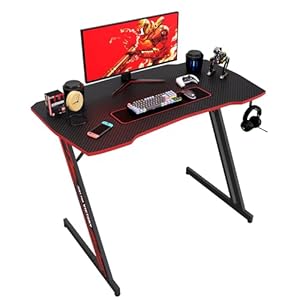 BestOffice 39″ Gmaing Desk Computer Gaming Desk Z Shaped Gaming Workstation Ergonomic Gaming Table with Headphone Hook for Game Players (Red)