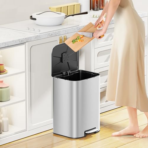 Image of KUK 5.3 Gallon Kitchen Trash Can with Lid, Heavy Duty Hands-Free Stainless Steel Commercial Step Trash Bin with Removable Inner Bucket, Pedal Rubbish Bin for Home Office and Kitchen, 20L /5.3Gal