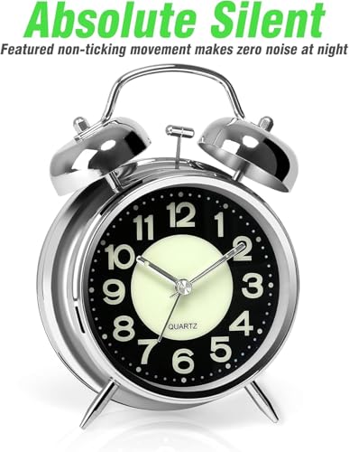 Image of Alarm Clock Analog Table Clock with Twin Bell Design and Numbered Dial, Desktop Timepiece (Silver Radium Luminous Alarm Clocks)