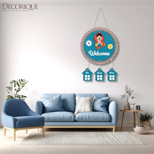 Image of DECORIQUE Wooden Wall Hanging Welcome Sign - Decorative Quote Board for Home, Door, Entrance, Hall & Office - Rustic Wall Art & Housewarming Gift Item