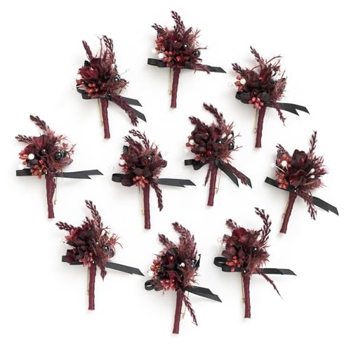 Ling's moment Boutonniere for Men, 10pcs Groomsmen Guest Boutonniere, Artificial Flowers for Wedding Décor/Prom/Homecoming,etc.Black Gothic Burgundy