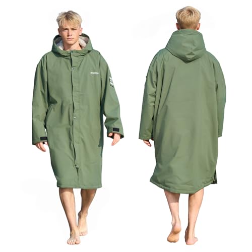 Owntop Waterproof Swim Parka for Kids Youths and Adults - Unisex Hooded Surf Poncho, Oversized High-Low Hem Windproof Changing Robe, Sherpa Winter Warm Beach Towel Jacket with Pockets Green S by Owntop - Used condition - US$45.83