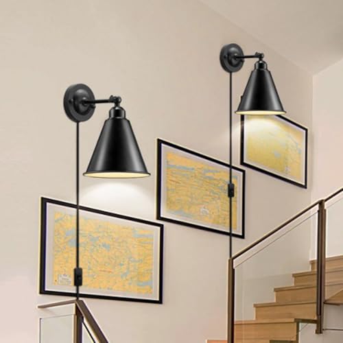 Apliques de pared industrial E27 con cable enchufe interruptor interior lámpara negra 2 pack 6