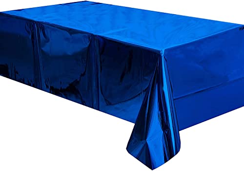 Image of Crackles Blue Rectangular Shiny Metallic Tinsel Foil Solid Color Reusable Table Cover 1.37mX1.83m for Indoor Outdoor Party Birthday,Wedding,Thanksgiving,Christmas,Buffet Parties,Camping