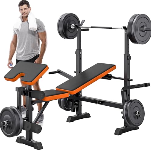 600lbs Weight Bench Adjustable Bench Press Set with Squat Rack, Olympic Workout Benches with Leg Developer Preacher Curl