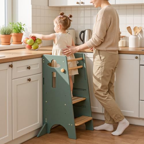 Image of COSYLAND Adjustable Toddler Standing Tower (NO Backing Board) - Super Stable Toddler Step Stool with 4 Stabilizing Blocks - 3 Levels Height Adjustable Kids Kitchen Stool Helper (Natural & Green)