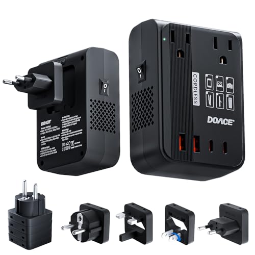 DOACE 350W Travel Voltage Converter US to Europe 220V to 110V Converter for Curling Iron Straightener Converter for European Travel 4 USB Charging Universal Power Plug Adapter UK/AU/US/EU, Black