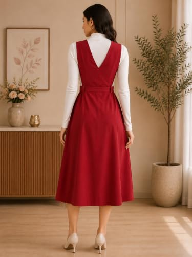 Image of WineRed Women Soild Pinafore Dress with Button