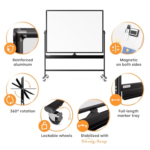 Image of Rolling Dry Erase Board 60 x 46 - Large Portable Magnetic Whiteboard with Stand - Double Sided Easel Style with Wheels - Mobile Standing Whiteboard for Office, Classroom & Home
