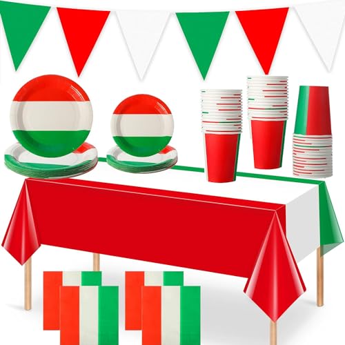 Kit de fête 82 pièces Italie pour 20 personnes - Assiettes, gobelets, serviettes, guirlande de fanions - XXL - Décoration de fête italienne au design du...