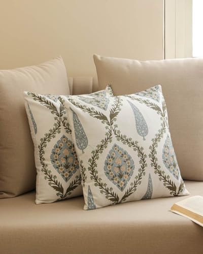 Image of Clasiko Set of 5 Cushion Covers 16x16 Inch - Duck Cotton Decorative Cushion Covers Ivory Vintage Floral