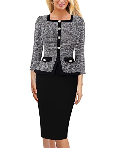 VFSHOW Womens Square Neck Buttons Peplum Cocktail Party Work Office Business Bodycon Pencil Dress