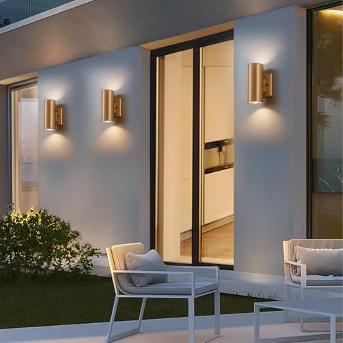 Image of Modern Outdoor Wall Light 2 Packs Up and Down Lights, 7 inch Gold Exterior Light Fixture for House Porch Patio Garage