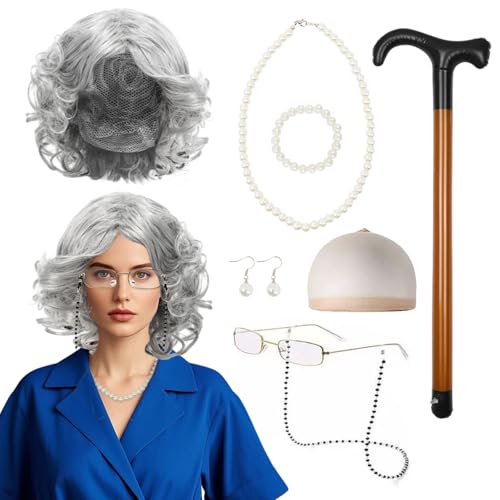 UILYNIU Ensemble de maillot de bain pour grand-mère perruque gris bouclé avec accessoires pour grand-mère gris