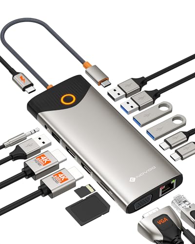 Docking Station d'accueil USB C, 15-en-1 NOVOO, 2 HDMI 4K@60Hz, VGA, USB-C/A 5Gbps, Lecteur SD/TF, Ethernet Gigabit, 100W PD – Bouton on/Off Écran Externe, Dock Polyvalent pour PC Portable, MacBook