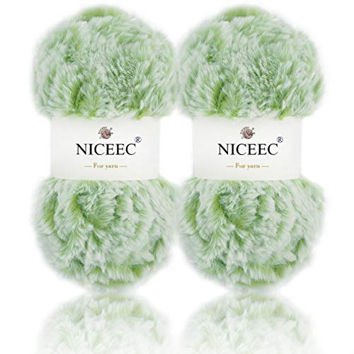 Image of NICEEC 2 Skeins Faux Fur Yarn Super Soft, Chunky & Fluffy, Eyelash Yarn for Crochet & Knitting (Total Length 70yds,3.53oz) - Green