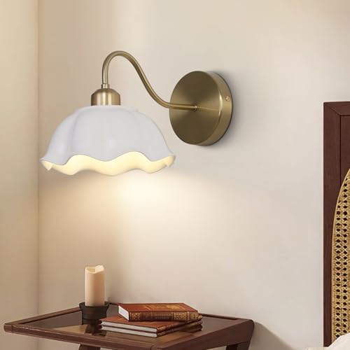 Image of Mid Century Modern Single Gold Wall Sconce Industrial Vintage Wall Mount Light Fixture Simple Rustic 1-Light Antique Brass Wall Sconce with White Glass Lampshade Retro Wall Lamps MWL02-1B