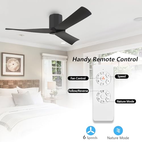 WINGBO 52 Matte Black Flush Mount Ceiling Fan, 3 Blade, 6-Speed Reversible DC Motor - Ideal for Kitchen, Bedroom, and Living Room