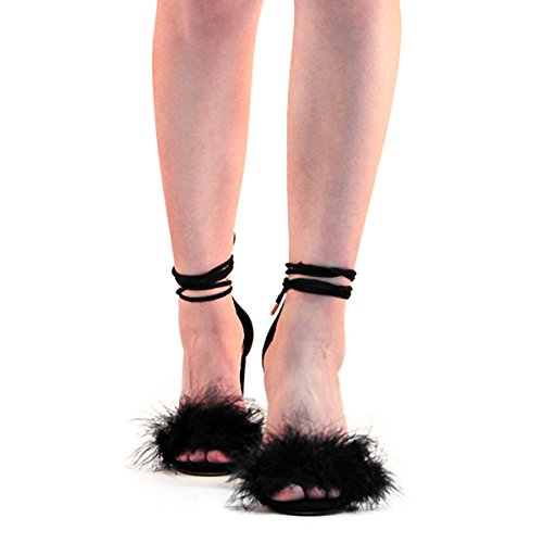 Richealnana Women's Fuzzy Cozy Strappy Open Toe Dress Artificial Feather Heeled Sandals4