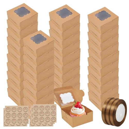 50 Pack Cake Boxes for Cake Portion Brown Cupcake Boxes with 60 Stickersxes