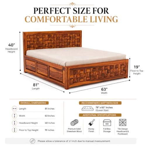Image of SHISSO Solid Sheesham Wood Queen Size Bed with Storage Box | Wooden Queen Size Double Bed Cot Palang with Storage | Furniture for Bedroom,Home,Hotel | Niwar Design | Honey Finish