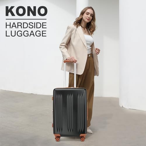 Image of Kono 24 Inch Expandable Checked Luggage Medium Size Suitcase for Travel | Lightweight PC+ABS hardshell suitcase with spinner wheels, TSA lock medium luggage for 4-7 day travel, Black & Brown