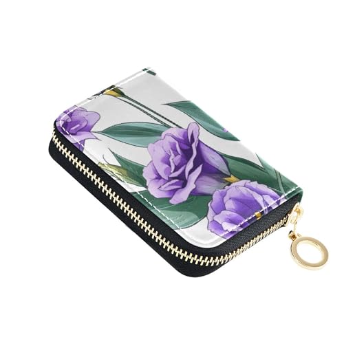 RFID Blocking Credit Card Wallets Cute Small Wallets for Women Zip Around Zipper Wallet with Coin Pocket Elegant Purple Floral Leaves White