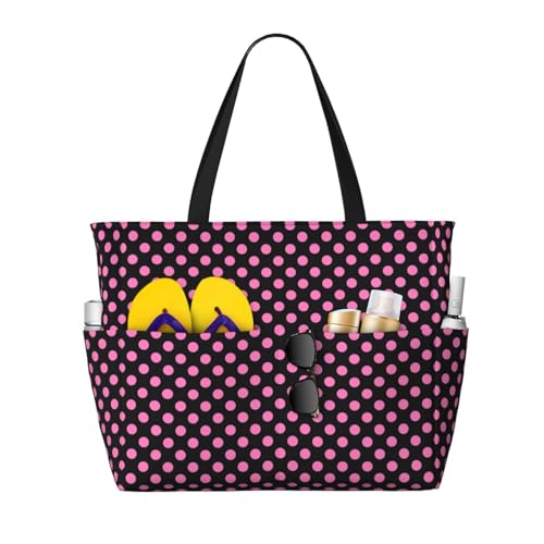 Large Beach Bags Water-resistant Sandproof - pink polka dot black Cute Beach Tote Bags for Women with Zipper