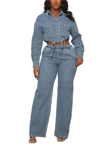 NIFTRIRY 2 Piece Outfits for Women Button Up Denim Jacket Wide Leg Pants Denim Set Going Outfits for Women 2025