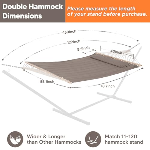 Image of SUNCREAT Double Quilted Hammock with Hardwood Spreader Bar, Extra Large Soft Pillow, Heavy Duty 2 Person Hammock for Indoor, Outdoor, Brown