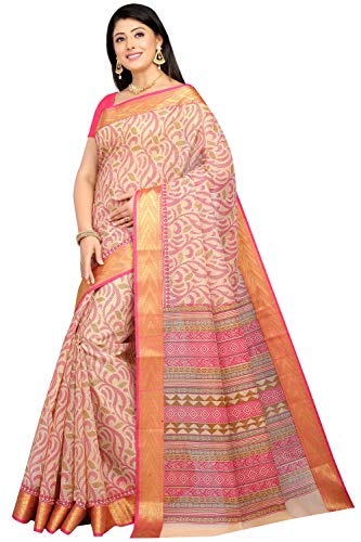 Image of RANI SAAHIBA Women's Poly Cotton Printed Saree With Blouse Piece (SKR6957 Beige-Pink)