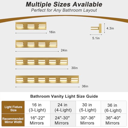 Image of IZORRO LED Modern Bathroom Lights Fixtures(3-Light,Dimmable,360Rotate),Brushed Glod Acrylic Wall Lighting,Vanity Lights for Bathroom Over Mirror - 6000k 16In (No Assembly Required)